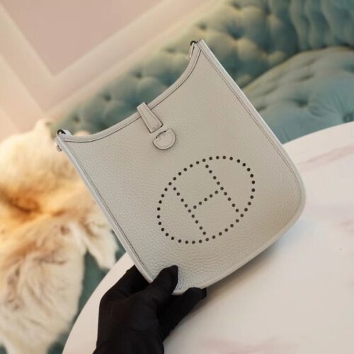 Sale Hermes 08 Blue Brume Clemence Leather Mini Evelyne 16CM Silver Hardware