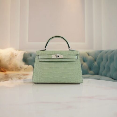 Hand Stitching Hermes Mini Kelly 19CM 6U Vert D’eau Matte Alligator Silver Hardware