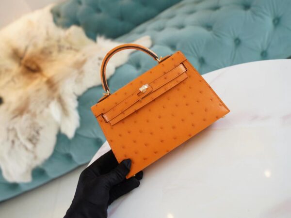 01ca5bd1b027bb4 Full Handmade Hermes Mini Kelly19CM I9 Abricot KK Ostrich Leather Gold Hardware