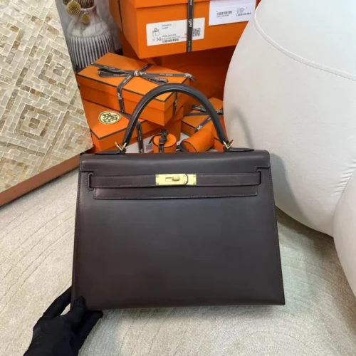 Hermes 46 Ebene Barenia Leather Kelly Sellier 32CM Gold Hardware