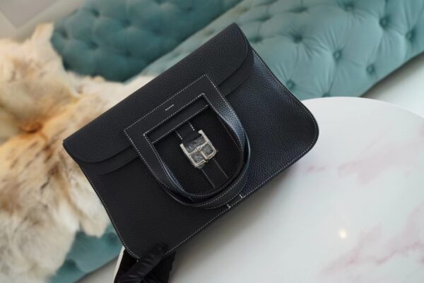 028e783287109a4-1 Wholesale Hermes Halzan 31CM CK89 Black / White Stitches Clemence Silver Hardware