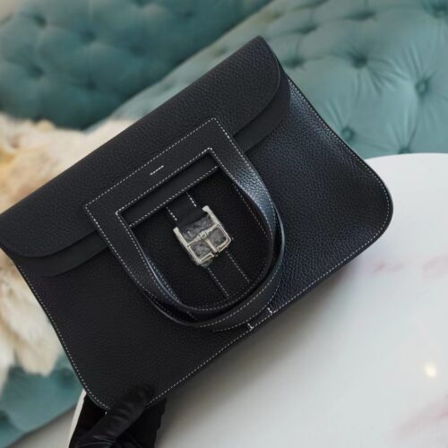 Wholesale Hermes Halzan 31CM CK89 Black / White Stitches Clemence Silver Hardware
