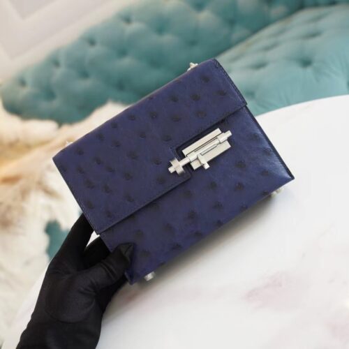 Stock Hermes Verrou Mini17CM Shoulder Bag Blue Iris KK Ostrich Skin Silver Hardware