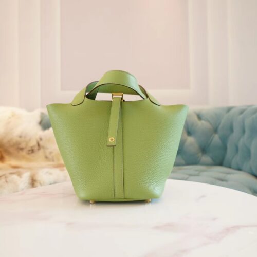Wholesale God Factory Bags Hermes Picotin18CM 3I Vert Criquet Clemence Leather Gold Hardware