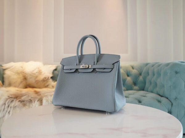 0a8cf62cb67d1f0 New Hermes Birkin 25CM J7 Blue Lin / D0 Beige De Weimer Togo Silver Hardware