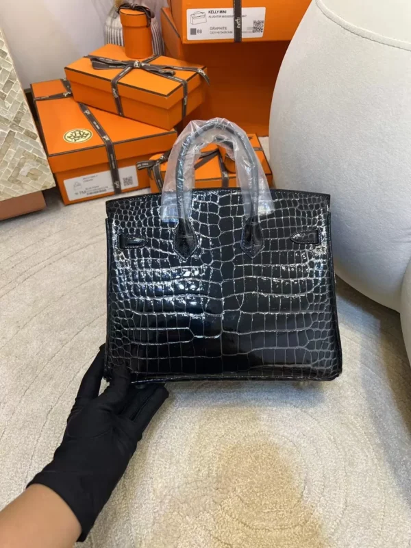 0a9c7be3256364b-jpg Hermes Shiny Porosus Crocodile Birkin 25CM 89 Noir Silver Hardware
