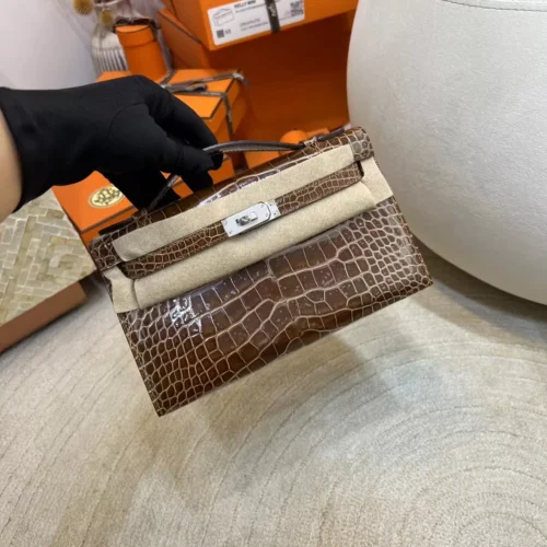 Taiwan Hermes Shiny Alligator Crocodile Kelly Pochette 22CM 33 Miel Silver Hardware