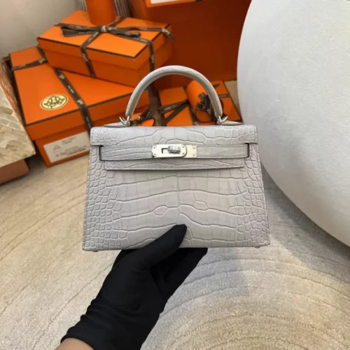 Handmade Hermes Mini Kelly 19CM Matte Alligator 80 Gris Pearl Silver Hardware