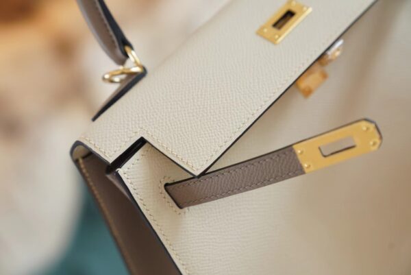 10268eb93581db4 Hand Stitch Hermes Craie/Gris Asphalt Epsom Leather Kelly 25CM Tote Bag Gold Hardware