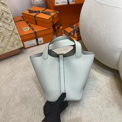 Handmade 0W Gris Neve Clemence Leather Picotin Bag 18CM Silver Hardware