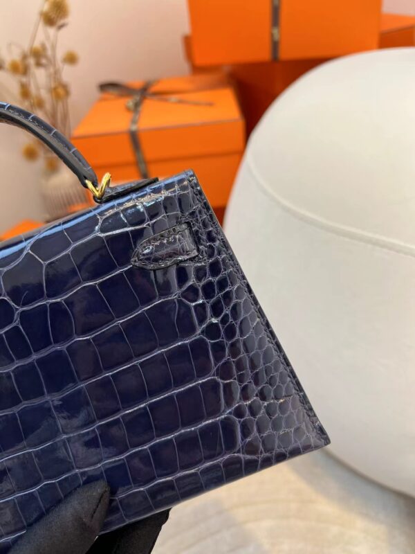 141daf25dbf210d Hermes Boutique 73 Blue Saphir Shiny Alligator Mini Kelly 19CM Gold Hardware