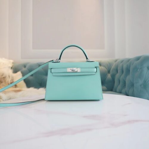 Discount God Factory Bags Hermes Aqua Chevre Leather Mini kelly Two19CM Silver Hardware