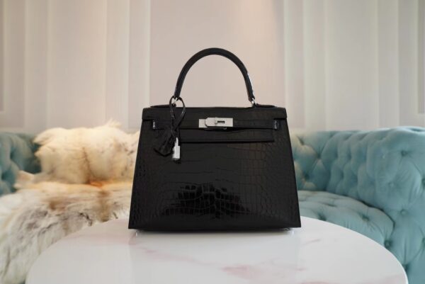 17cf685fddcc589-1 Handmade Hermes Kelly 28CM Shiny Porosus 89 Nior Silver Hardware