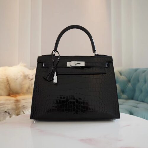 Handmade Hermes Kelly 28CM Shiny Porosus 89 Nior Silver Hardware