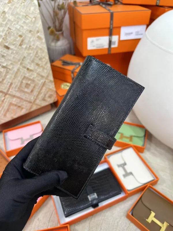 18c855170e99e4f-jpg Hermes 89 Noir Lizard Leather Long Bearn Wallet Silver Hardware