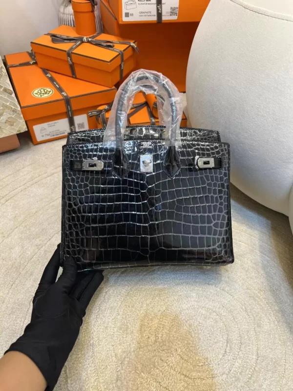 1a84e132f244ff3-jpg-1 Hermes Shiny Porosus Crocodile Birkin 25CM 89 Noir Silver Hardware