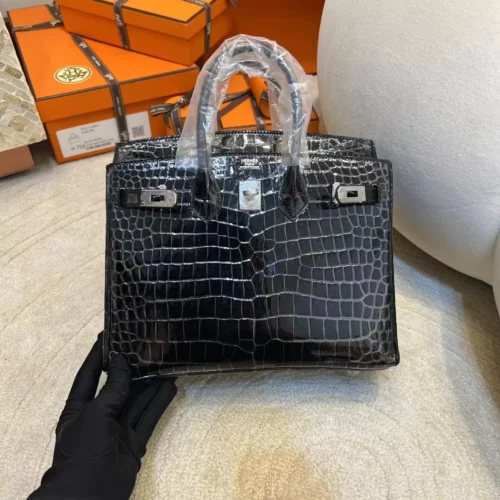 Hermes Shiny Porosus Crocodile Birkin 25CM 89 Noir Silver Hardware