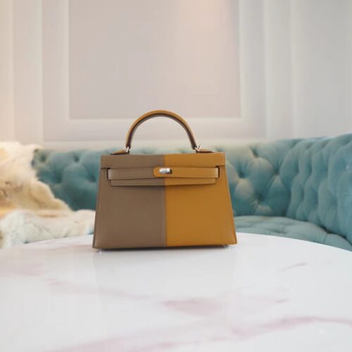 Hermes Mini Kelly19CM Sesame/Gris Etoupe/Dark Blue inner Epsom Leather