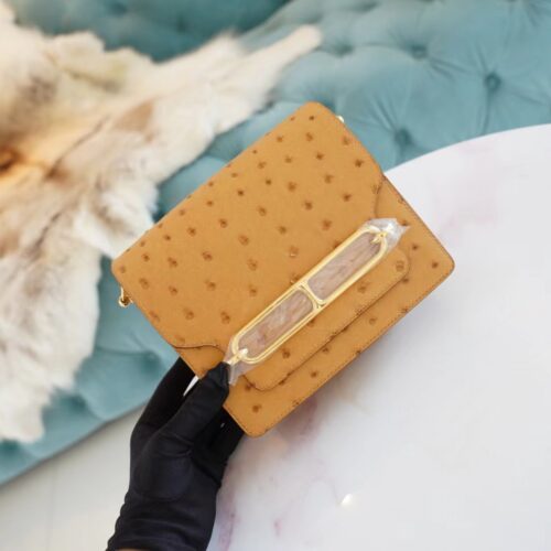 New Hermes Roulis Mini18cm Tabac-Camel South Africa Ostrich Skin Gold Hardware