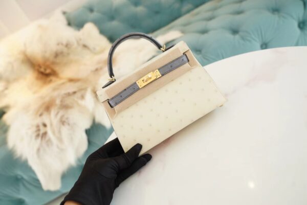 1c53df9facaae86 New Hermes Mini Kelly19CM 8L Beton/M8 Gris Asphalt KK Ostrich Skin Gold Hardware
