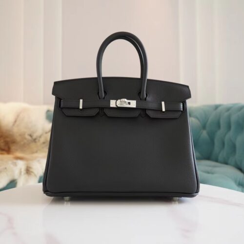 Full Handmade Hermes CK89 Black Togo Leather Birkin25CM Tote Bag Silver Hardware