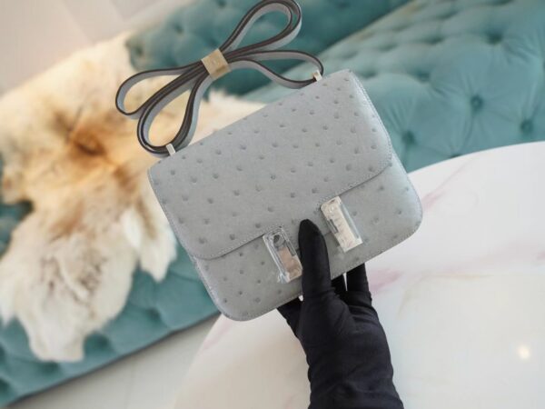 1f155313d52d4aa-1 God Factory Bags Hermes Constance19CM Shoulder Bag 8U Blue Glacier Ostrich Skin Silver Hardware