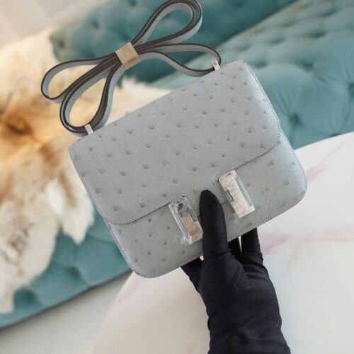 God Factory Bags Hermes Constance19CM Shoulder Bag 8U Blue Glacier Ostrich Skin Silver Hardware
