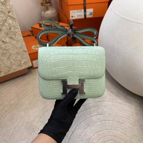 Hermes Matte Alligator Crocodile Constance 19CM 6U Vert D’eau Silver Hardware