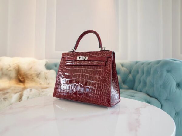 God Factory Bags Hermes Kelly 25CM 57 Bordeaux Shiny Aligator Crocodile Silver Hardware