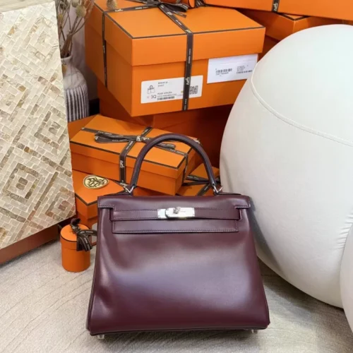 Handmade Box Leather Kelly 28CM Bordeaux Silver Hardware