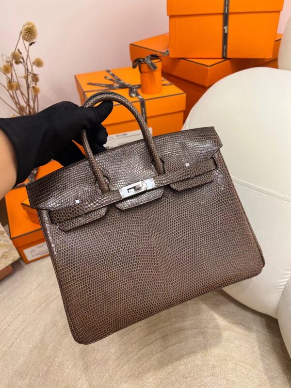 2191c54b22254b7-1 Full Handmade Hermes Birkin 25CM Lizard Leather Coffee Silver Hardware
