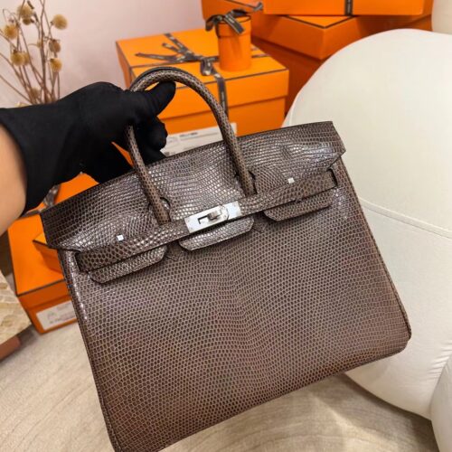 Full Handmade Hermes Birkin 25CM Lizard Leather Coffee Silver Hardware