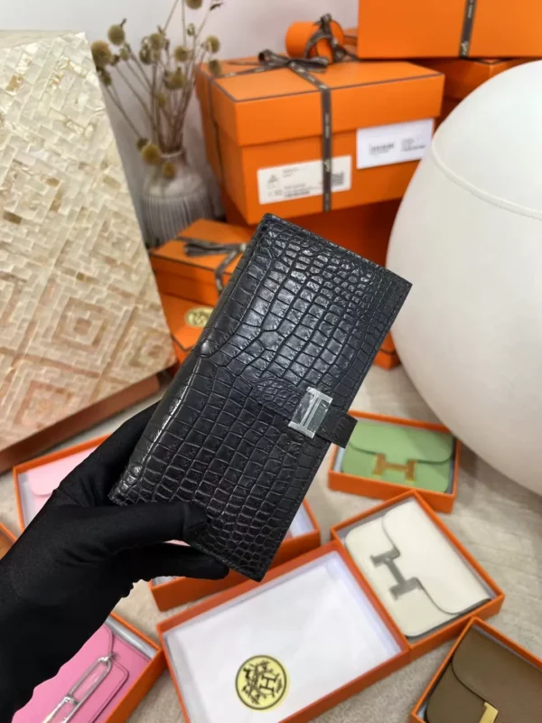 22fd784480e376a-jpg-1 New Hermes Matte Alligator Crocodile 89 Noir Long Bearn Wallet Silver Hardware