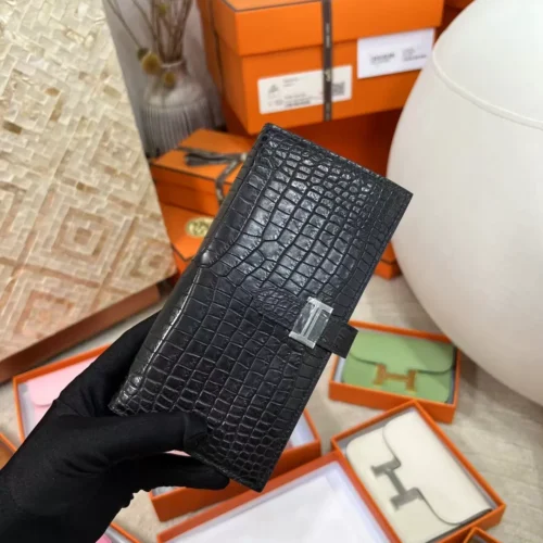New Hermes Matte Alligator Crocodile 89 Noir Long Bearn Wallet Silver Hardware