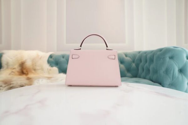24ef9b91483b224 Full Handmade Hermes Mini Kelly19CM 3Q Rose Sakura Chevre Leather Silver Hardware