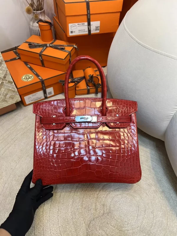 259992ab33cb5f6-jpg-1 Hermes Shiny Alligator Crocodile Birkin 30CM 95 Braise Silver Hardware
