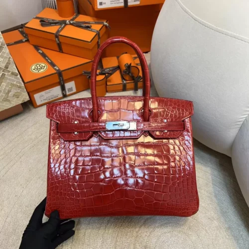 Hermes Shiny Alligator Crocodile Birkin 30CM 95 Braise Silver Hardware