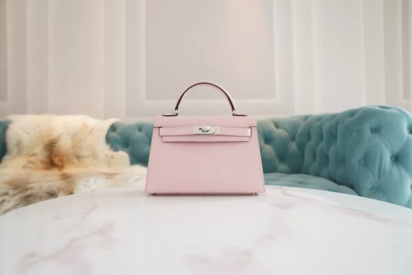 268021234451e69-1 Full Handmade Hermes Mini Kelly19CM 3Q Rose Sakura Chevre Leather Silver Hardware