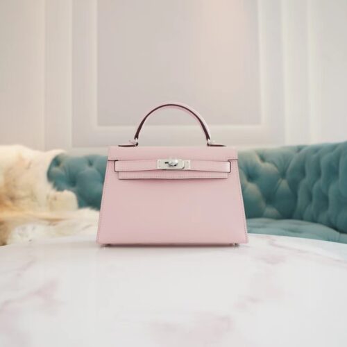 Full Handmade Hermes Mini Kelly19CM 3Q Rose Sakura Chevre Leather Silver Hardware