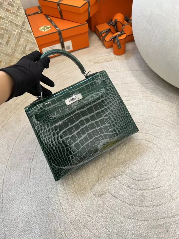 27a05f7ee2a2756-jpg Full Handmade Hermes 67 Vert Fonce Kelly 25CM Sellier Shiny Alligator Crocodile Silver Hardware