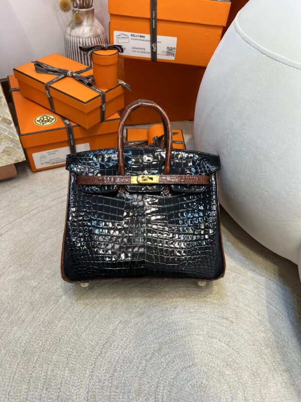 27bce2734670f87-1 Hermes Shop Noir/ Miel HCP Porosus Crocodile Birkin 25CM Gold Hardware