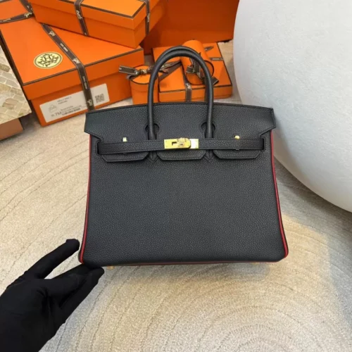 Hermes 89 Noir/ Rouge De Coeur Birkin 25CM Togo Leather Gold Hardware