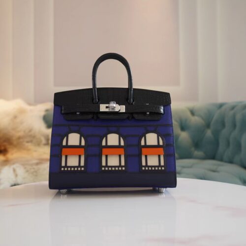 Full Handmade Hermes Blue Four Leathers Birkin House 20CM Silver Hardware