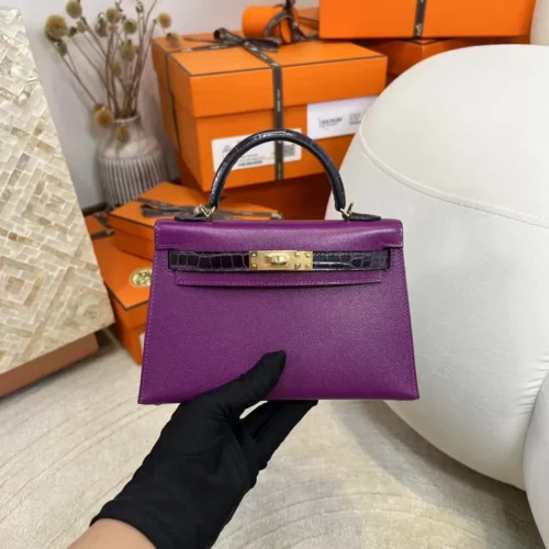 Handmade Madame P9 Anemone / Shiny Crocodile 9G Amethyste Mini Kelly Touch 19CM Gold Hardware