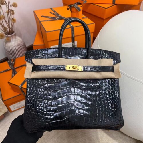 Hong Kong Hermes Birkin 25CM Shiny Alligator 89 Noir Gold Hardware