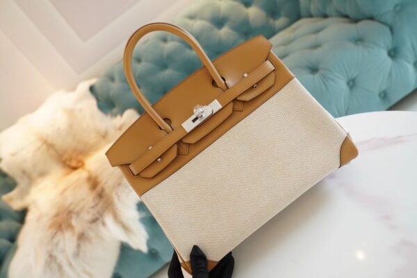 2e356374acae7f3-1 New Arrival Hermes Beige Canvas/2S Sesame Leather Birkin30CM Silver Hardware