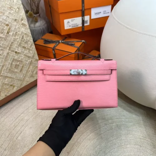 Handmade Lizard Leather Kelly Pochette 22cm 5P Pink Silver Hardware