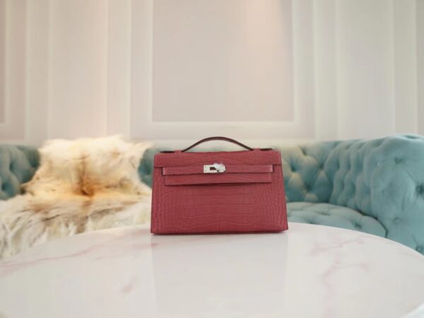 30502c88cd17431-1 New Hermes Kelly Pochette 22cm HCP Matte Alligator G5 Bois De Rose Silver Hardware