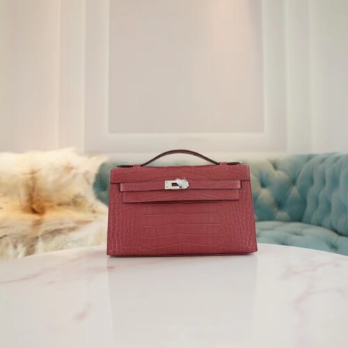 New Hermes Kelly Pochette 22cm HCP Matte Alligator G5 Bois De Rose Silver Hardware