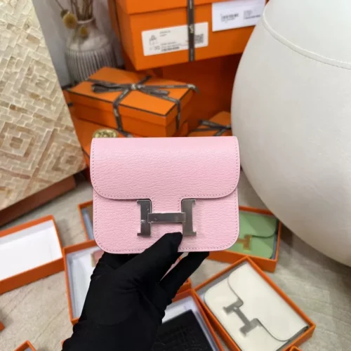 Hermes 3Q Rose Sakura Chevre Leather Constance Slim Card Bag Silver Hardware
